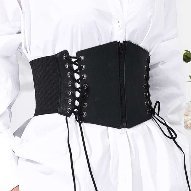 

Zipper Front Lace-up Corset Belt, Black