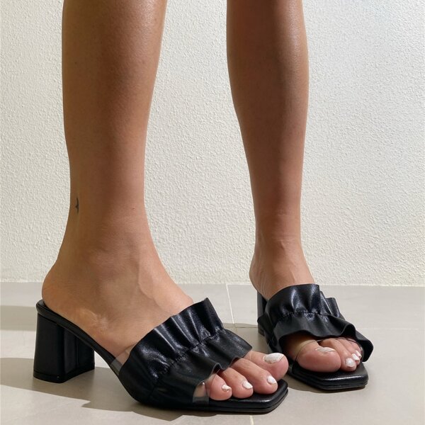 

Ruffle Band Chunky Heeled Mules, Black