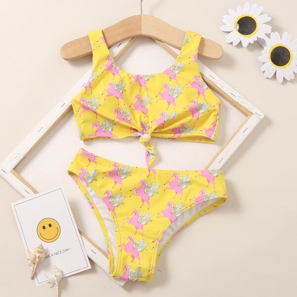 

Girls Pegasus Print Knot Hem Bikini Swimsuit, Multicolor