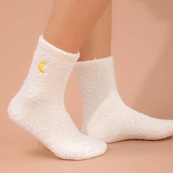 

Moon Embroidered Fuzzy Socks, White