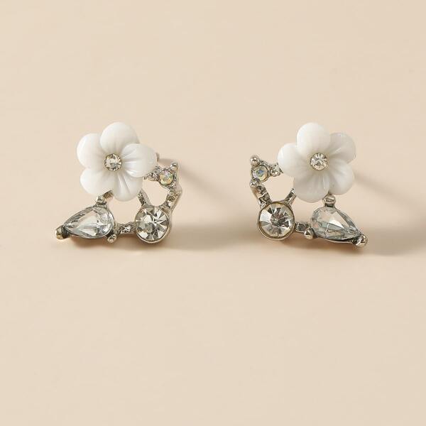 

Rhinestone & Flower Decor Earrings, Silver