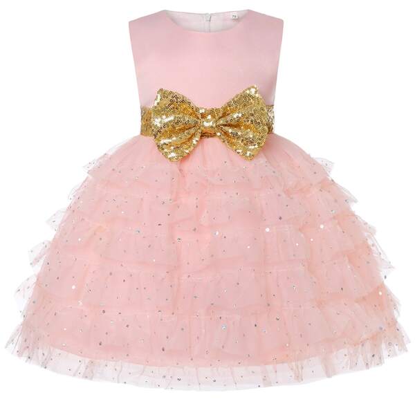 

Baby Girl Sequin Bow Front Layered Mesh Gown Dress, Baby pink