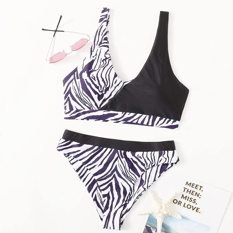 

Zebra Stripe Spliced Wrap Bikini Swimsuit, Multicolor