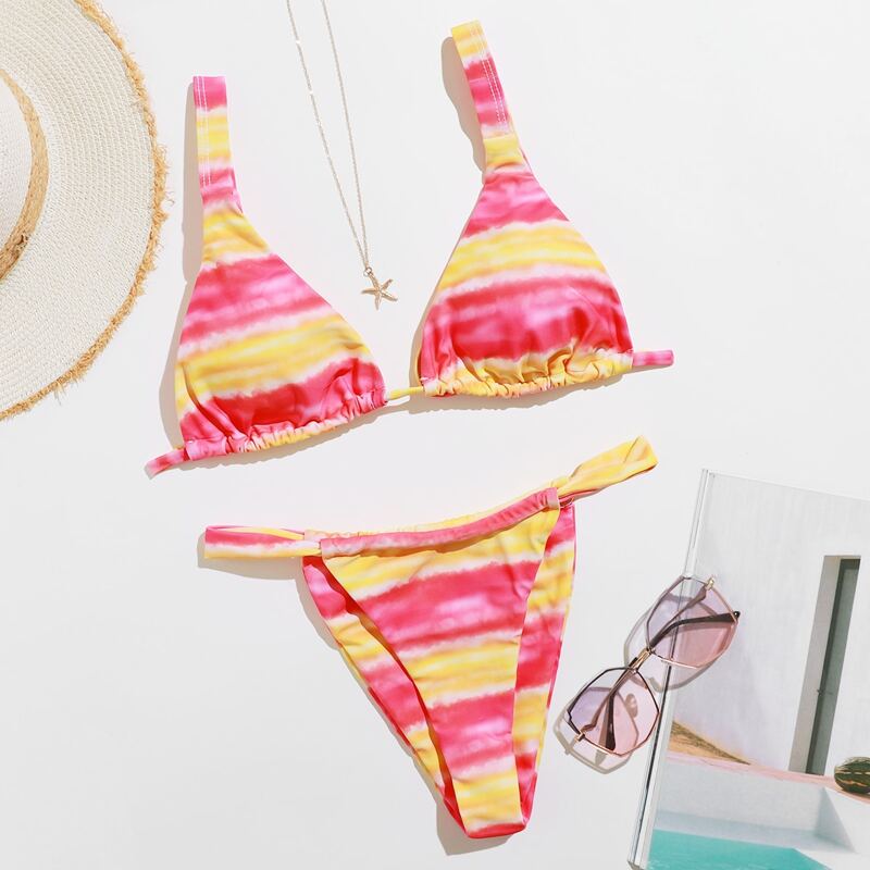

Stripe Triangle Tanga Bikini Swimsuit, Multicolor