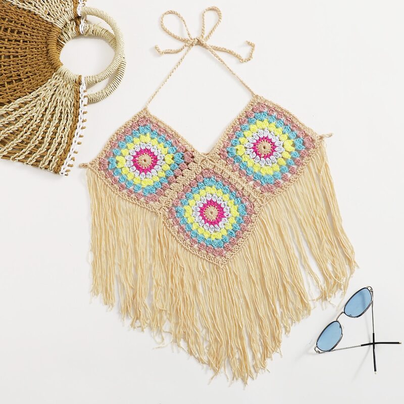 

Geometric Pattern Crochet Fringe Hem Bikini Top, Multicolor