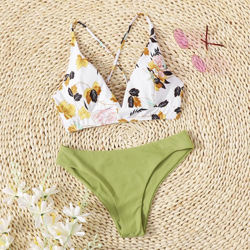 

Floral Lace-up Back Bikini Swimsuit, Multicolor