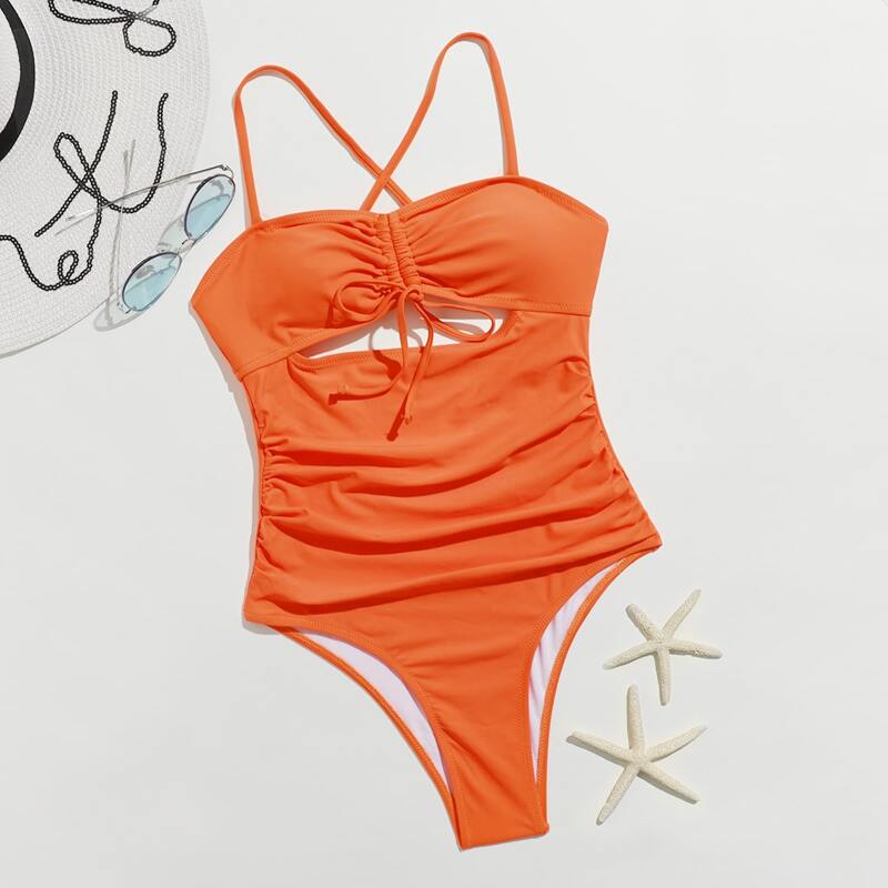 

Drawstring Front Cut Out One Piece Swimsuit, Orange