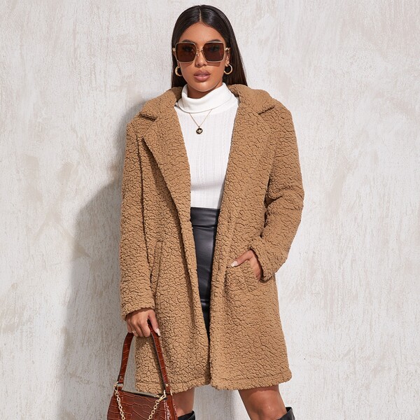 

Notch Collar Slant Pocket Teddy Coat, Brown