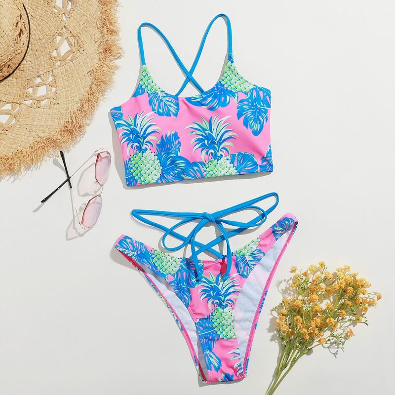 

Pineapple Print Lace-up Back Bikini Swimsuit, Multicolor