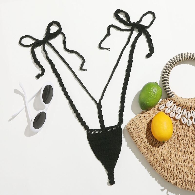 

Crochet Thong Bikini Bottom, Black
