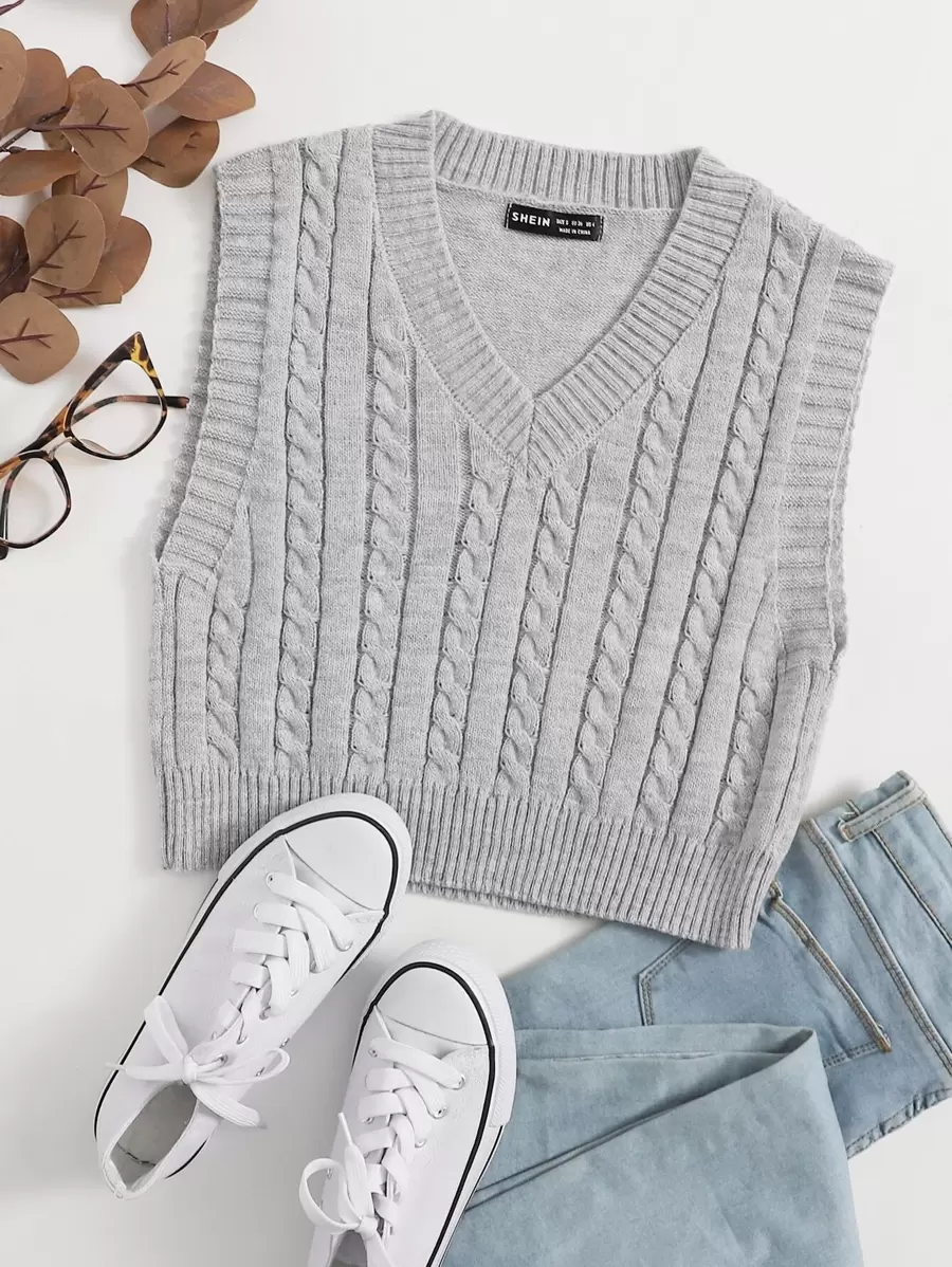 Elamini Cable Knit Sweater Vest - Light Grey - View 1