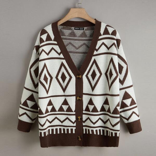 

Button Front Drop Shoulder Argyle Cardigan, Multicolor
