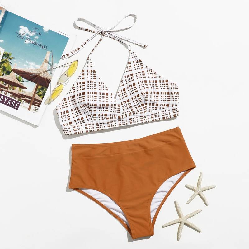 

Plaid Halter High Waist Bikini Swimsuit, Multicolor