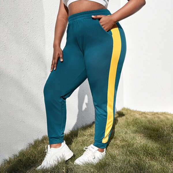 

Plus Contrast Panel Pocket Side Sports Pants, Teal blue