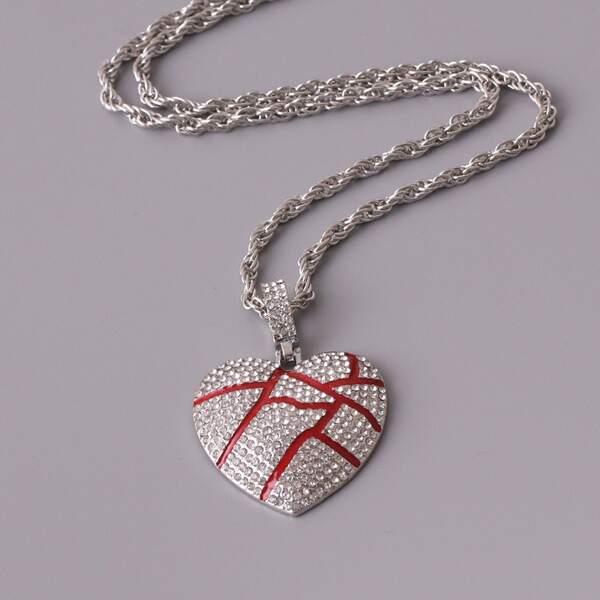 

Men Rhinestone Decor Heart Charm Necklace, Silver