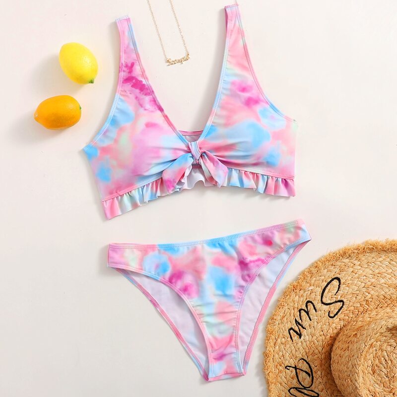 

Tie Dye Frill Trim Bikini Swimsuit, Multicolor
