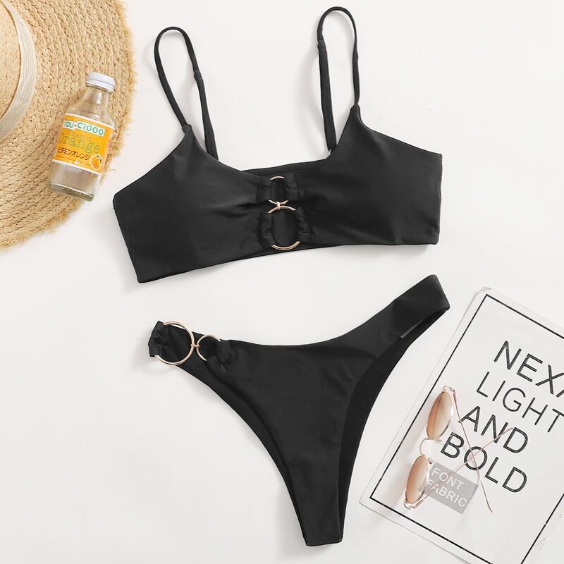 

Ring Decor High Leg Bikini Swimsuit, Black