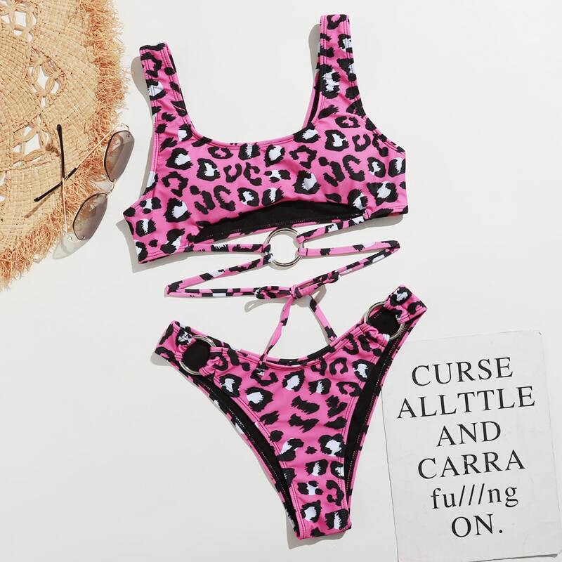 

Leopard Ring Decor High Leg Bikini Swimsuit, Multicolor