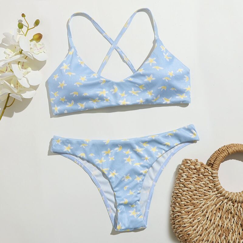 

Floral Lace-up Back Bikini Swimsuit, Baby blue