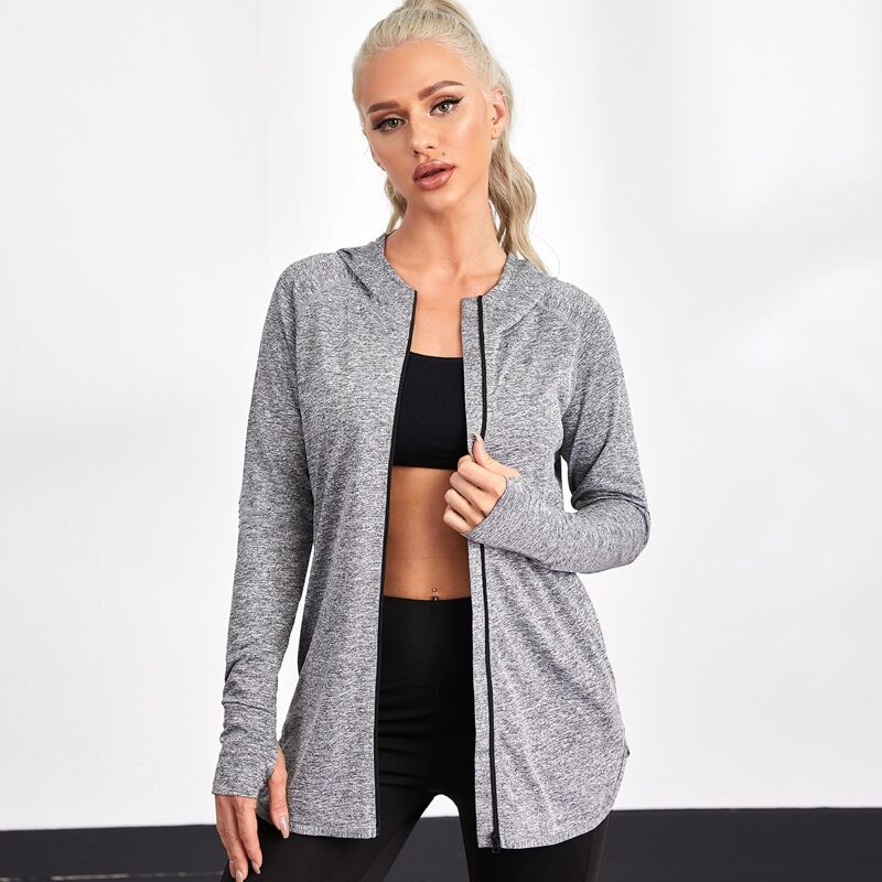 

Solid Raglan Sleeve Hooded Sports Jacket With Thumb Hole, Grey