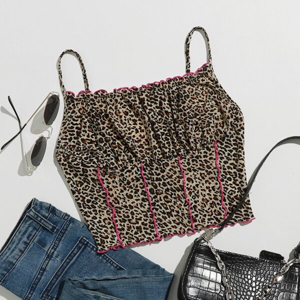 

Contrast Stitch Ruched Bust Leopard Crop Cami Top, Multicolor