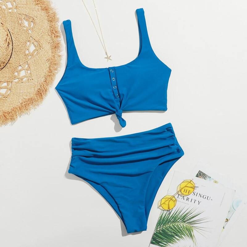 

Knot Detail High Waist Bikini Swimsuit, Blue