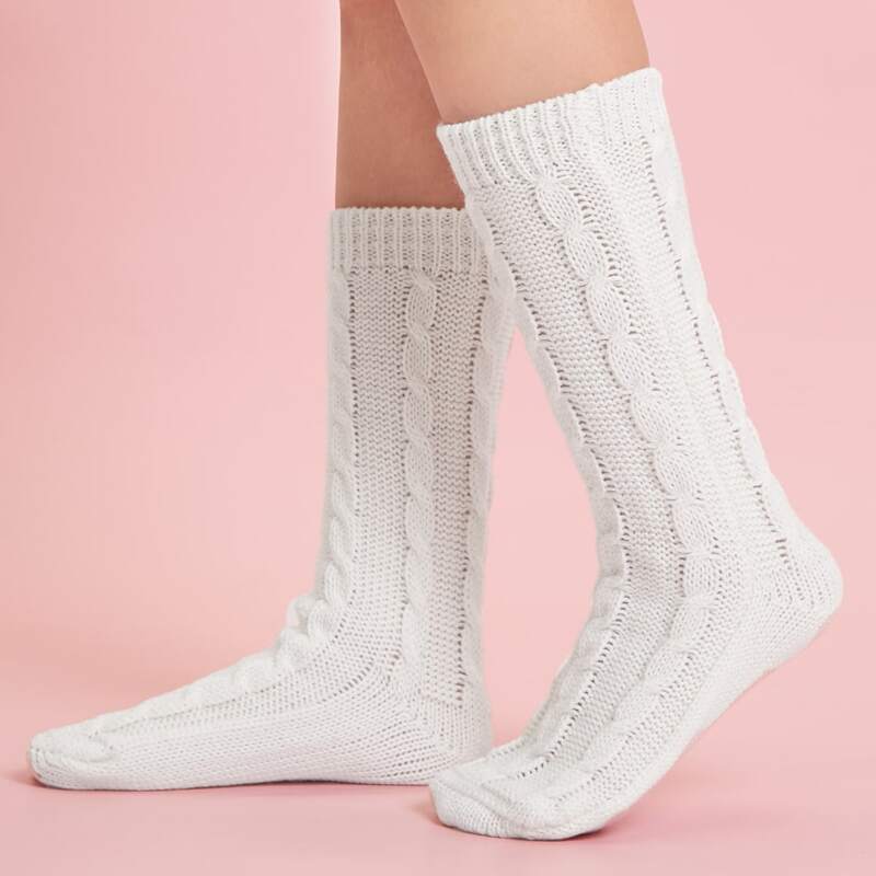 

Cable Knit Over The Calf Socks, White