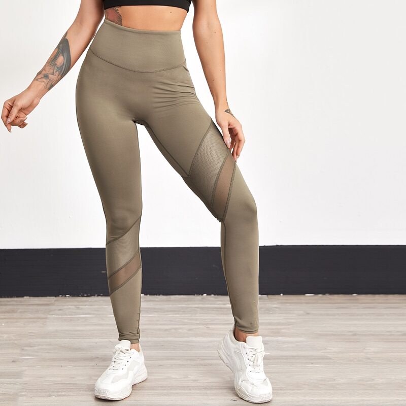 

Mesh Panel Wide Waistband Sports Leggings, Mocha brown