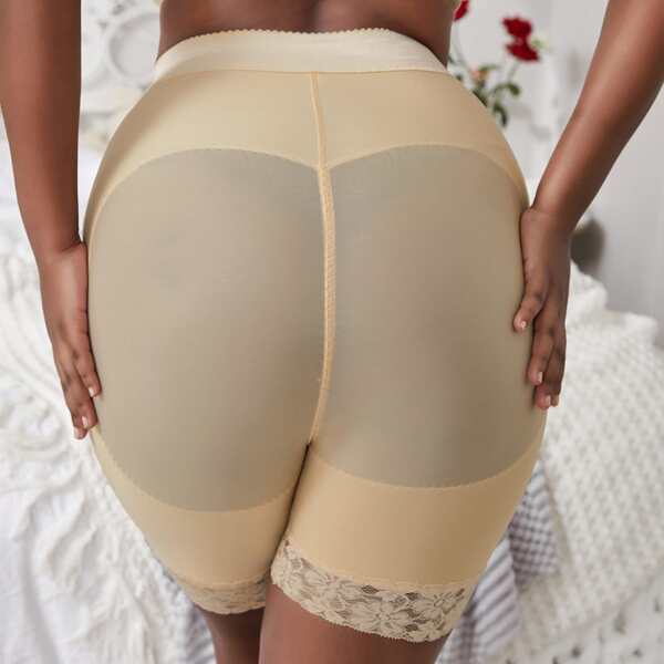 

Plus Lace Trim Shapewear Shorts, Apricot