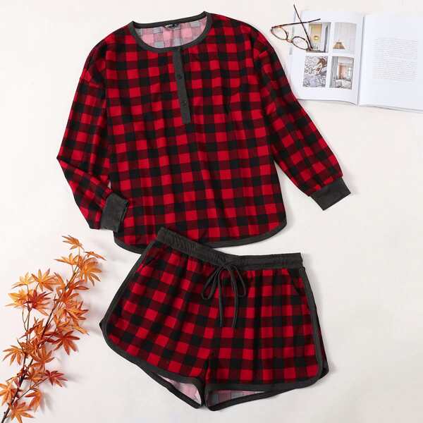 

Plus Gingham Half Placket Top With Knot Track Shorts, Multicolor