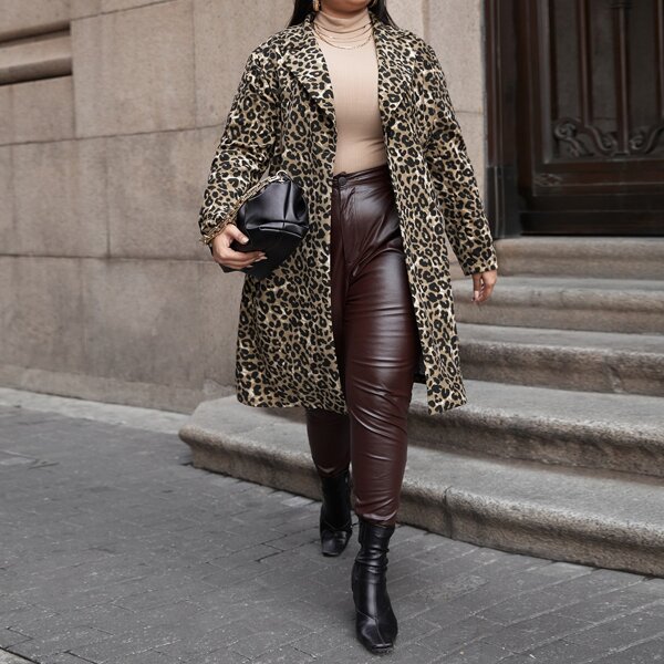 

Plus Lapel Collar Leopard Single Button Coat, Multicolor
