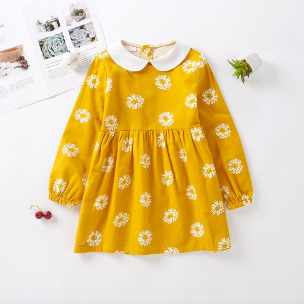 

Girls Floral Contrast Collar Babydoll Dress, Yellow