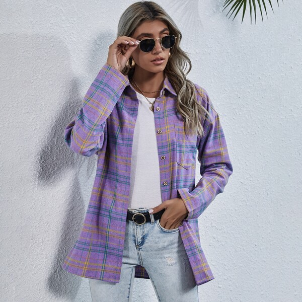 

Button Front Patch Pocket Tartan Coat, Violet purple