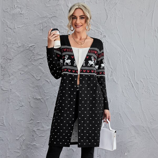 

Open Front Christmas Pattern Cardigan, Black
