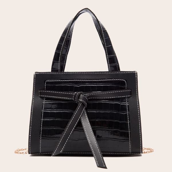 

Croc Embossed Chain Satchel Bag, Black