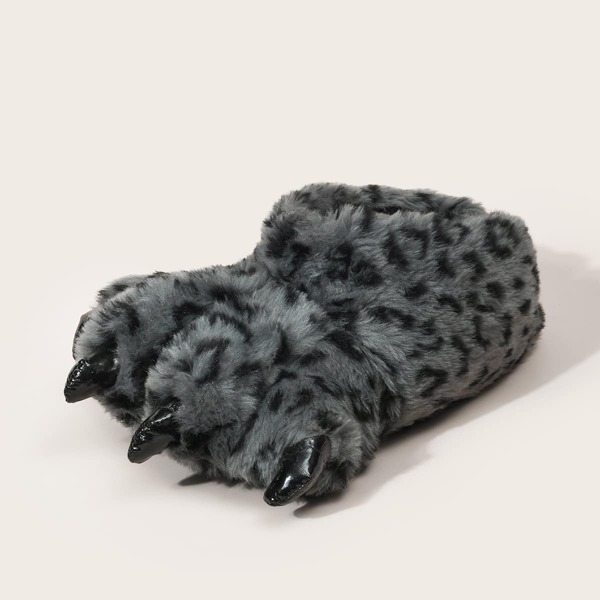 

Leopard Pattern Paw Design Faux Fur Slippers, Grey