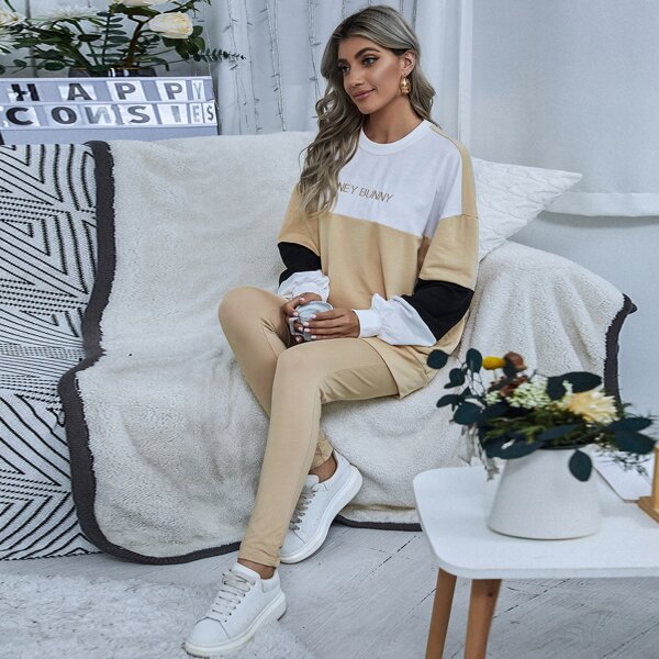 

Contrast Panel Letter Embroidery Sweatshirt & Leggings, Apricot