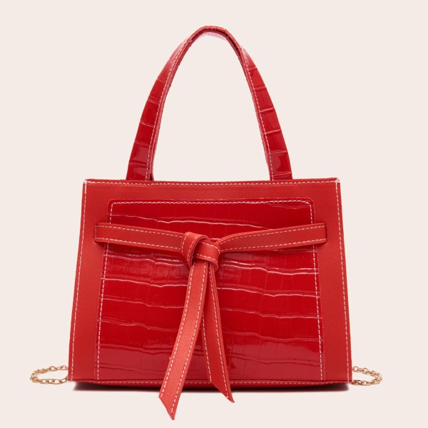 

Croc Embossed Chain Satchel Bag, Red