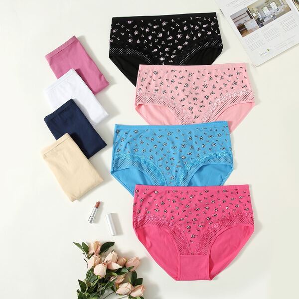 

4pack Plus Ditsy Floral Lace Trim Panty Set, Multicolor