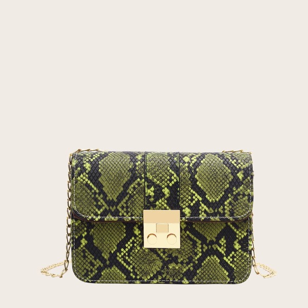 

Snakeskin Print Flap Chain Crossbody Bag, Green