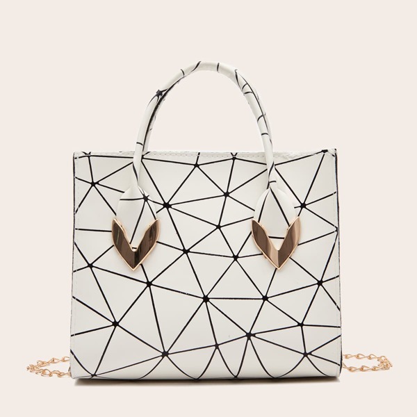 

Geometric Print Chain Satchel Bag, White