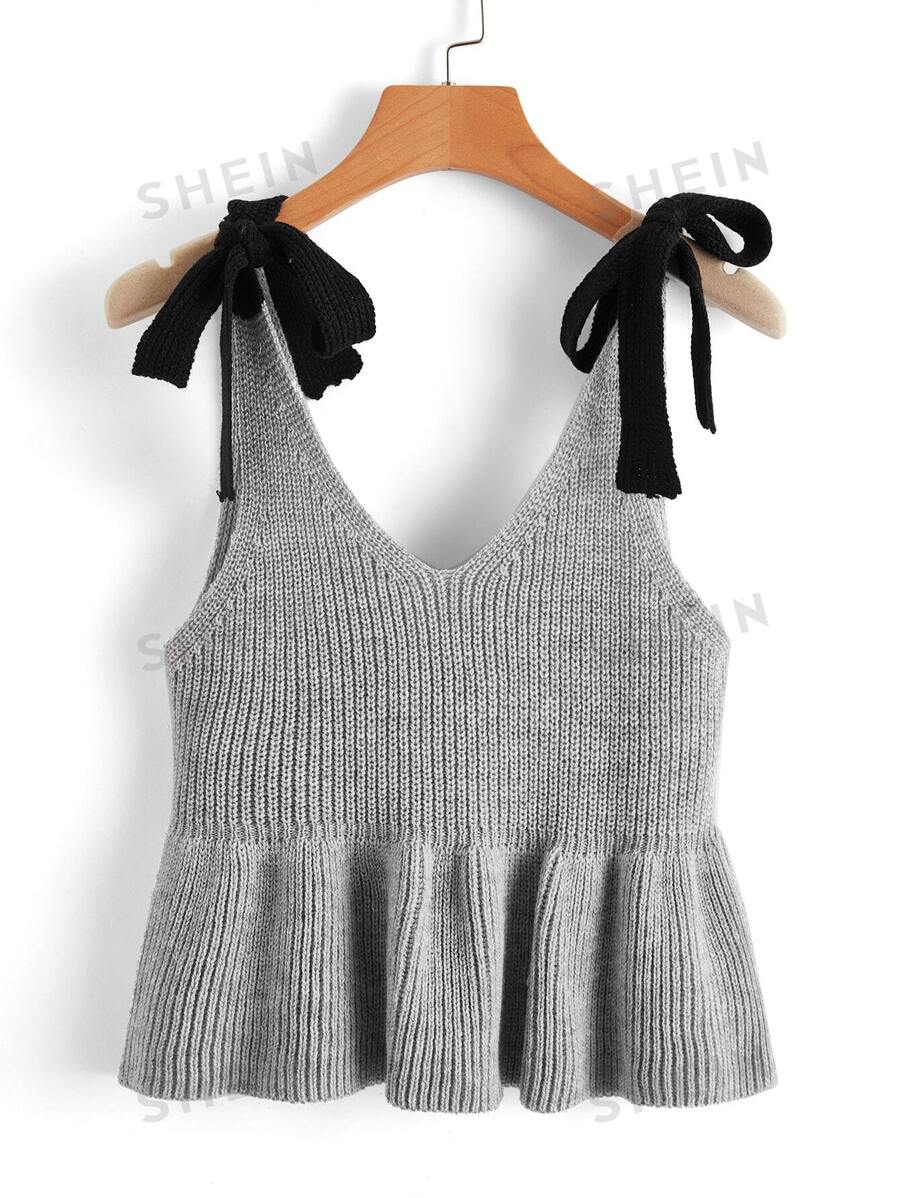 SHEIN Unity Top tejido bajo con fruncido de hombro con nudo - Gris - Ver 1