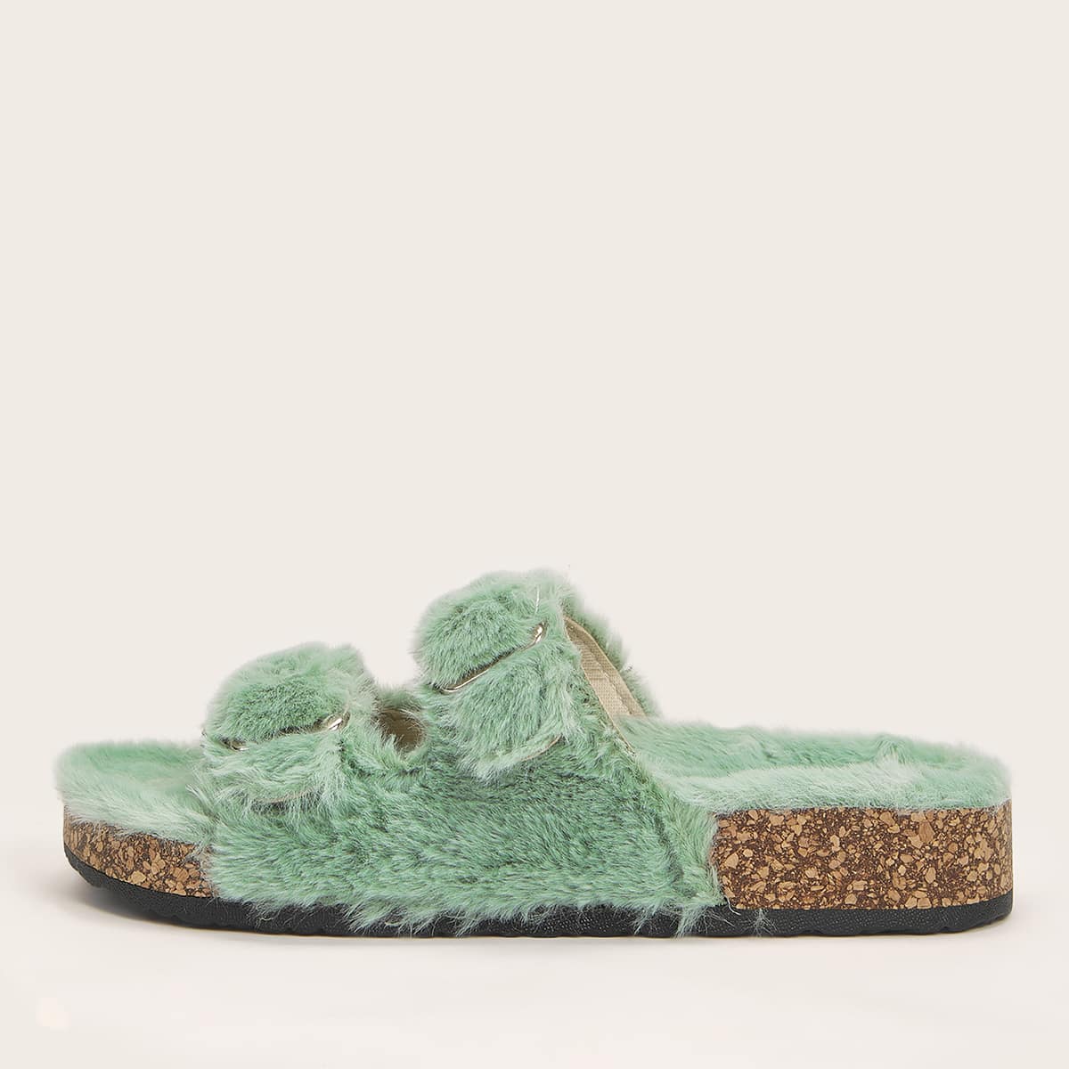 

Buckle Decor Fluffy Slippers, Green