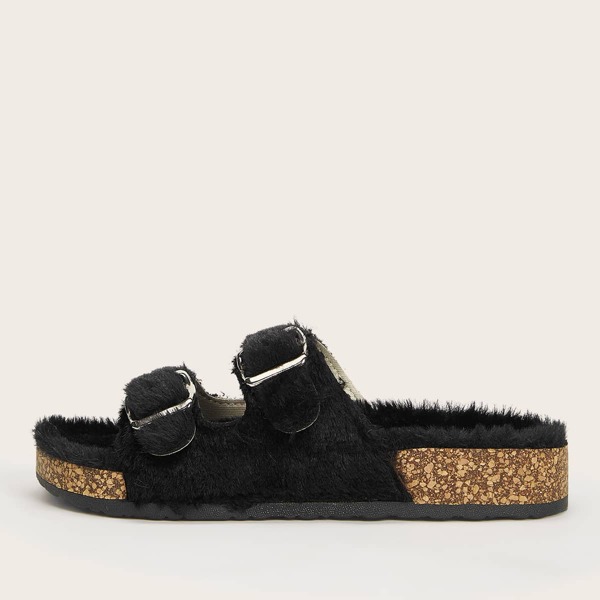 

Buckle Decor Fluffy Slippers, Black