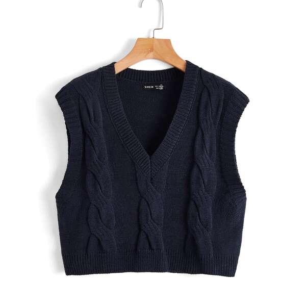 

V Neck Solid Cable Knit Sweater Vest, Navy blue