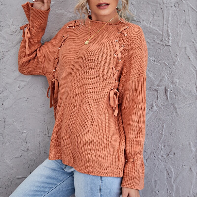 

Lace Up Side Drop Shoulder Sweater, Coral orange