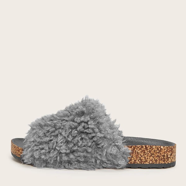 

Open Toe Fluffy Slides, Dark grey