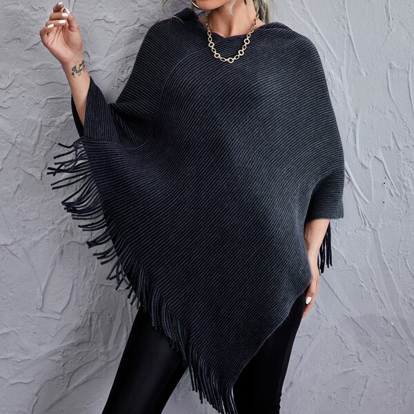 

Fringe Hem Hooded Poncho Sweater, Navy blue