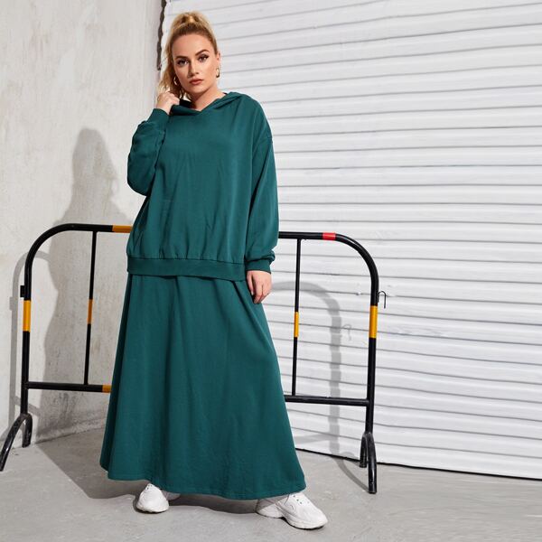 

Plus Drop Shoulder Solid Hoodie & Skirt Set, Teal blue