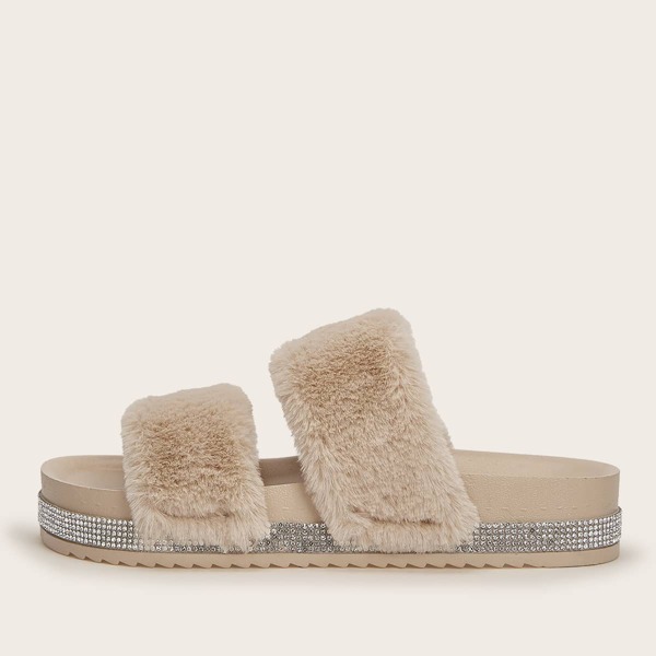 

Open Toe Fluffy Slides, Apricot